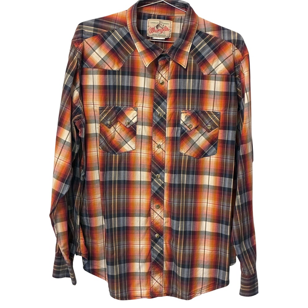Wrangler Womens Western Snap Plaid Shirt Orange Red Blue Long Sleeve Sunset Yoke